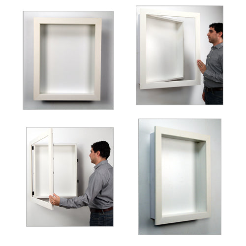 LARGE ENCLOSED WHITE FINISH EMPTY SHADOW BOX DISPLAY CASES with 2" INTERIOR DEPTH COME WITH A WOOD BACKER BOARD FOR YOU TO HANG or ARRANGE YOUR 3-DIMENSIONAL ITEMS