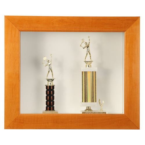 2 3/4" WIDE WOOD FRAMED SHADOWBOX (3" DEPTH) IS SHOWN IN HONEY MAPLE with WHITE BACKER BOARD INTERIOR