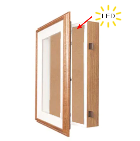 SwingFrame Designer Oak Wood Wall Mount Lighted 16 x 20 Display Case w Cork Board 2" Deep