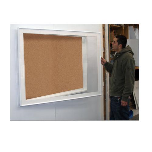 SwingFrame Designer Wall Mounted Metal Framed 24x48 Large Cork Board Display Case 6 Inch Deep