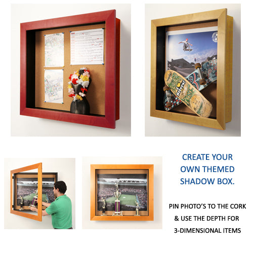  LARGE 5" DEEP WOOD SHADOW BOX DISPLAY CASES, LED LIT...with BULLETIN CORK BACKER CAN HOLD POSTINGS AS WELL AS 3-DIMENSIONAL ITEMS