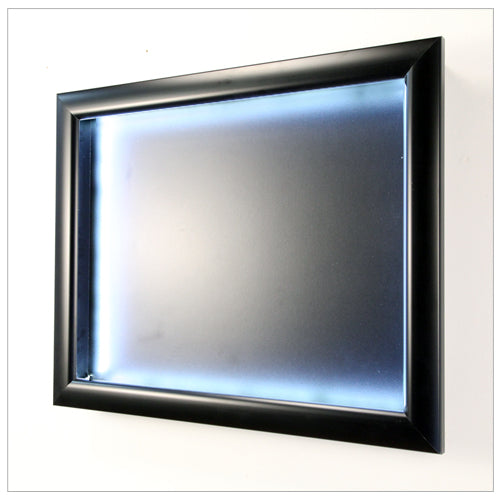 1 INCH DEEP EXTRA LARGE DISPLAY CASE SHADOW BOX (SHOWN in LANDSCAPE) with BLACK INTERIOR. ALL 4 INTERIOR SIDES HAVE LED STRIP LIGHTING INSTALLED.