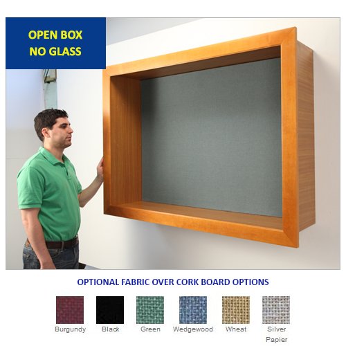LARGE OPEN FACE WOOD CORK SHADOW BOX with 5" INTERIOR DEPTH (SHOWN in HONEY MAPLE with FABRIC COVERED CORK). AVAILABLE in 6 FABRIC COLORS