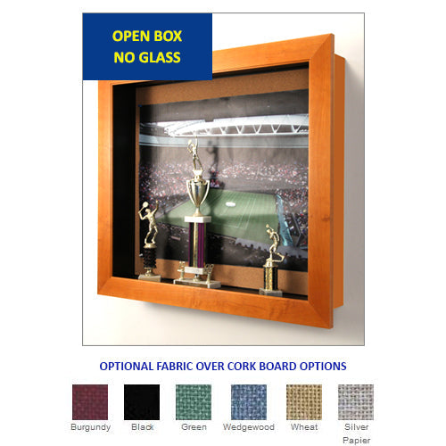 OPEN FACE WOOD CORK SHADOW BOX with 2" INTERIOR DEPTH (SHOWN in HONEY MAPLE). YOU CAN HAVE AN OPTIONAL FABRIC PLACED OVER THE CORK BOARD