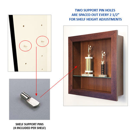 7 x 6 1/2 outlets x 3 1/4 Wooden Shadow Box / Hinged Glass Lid / 1 Shelf / Display Case