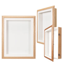 SwingFrame Designer Wood Oak Wall Display Case 1" Deep | with Swing Open Shadow Box 12 Sizes