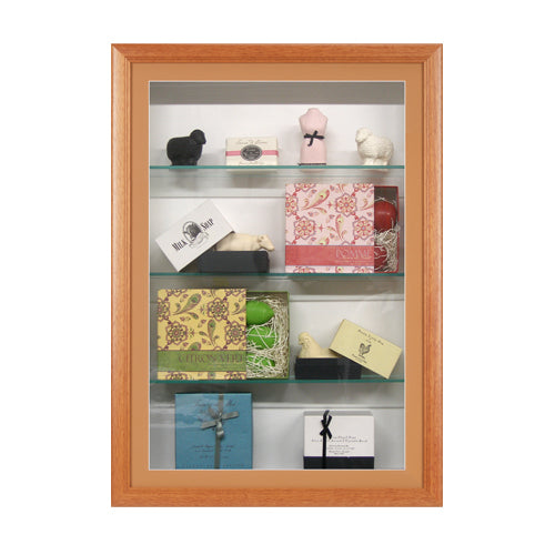SwingFrame Designer Wood Wall Mount Lighted Display Case with Glass Sh ...