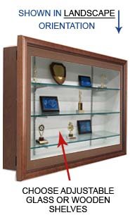 SwingFrame Designer Wood Wall Mount Lighted Display Case with Glass Shelves 3” Deep
