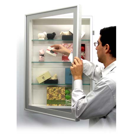 SwingFrame Designer Metal Framed Wall Mount Display Case with Glass Shelves and 4” Deep Cabinet Interior