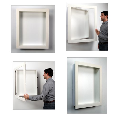 SWINGFRAME WHITE FINISH SHADOW BOX DISPLAY CASES | INTERIOR WOOD BACKER BOARD ALLOWS YOU TO HANG OR ARRANGE YOUR DIMENSIONAL OBJECTS AND ITEMS