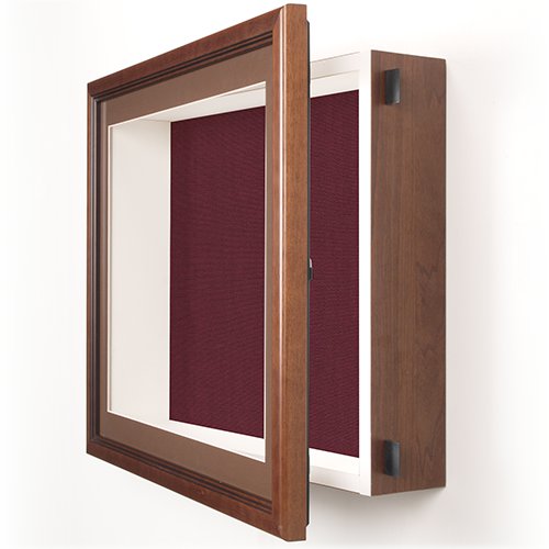 SwingFrame Designer 4" Deep Shadow Box Display Case | Wood Framed, Swing Open Shadowbox | Shown in Walnut Frame with Burgundy Fabric over Cork Board