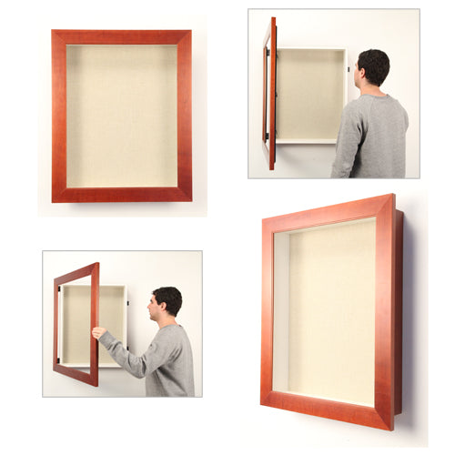 WIDE WOOD ENCLOSED FABRIC BOARD SHADOW BOXES with 1" INTERIOR DEPTH (SHOWN in a CHERRY FINISH with WHEAT FABRIC)