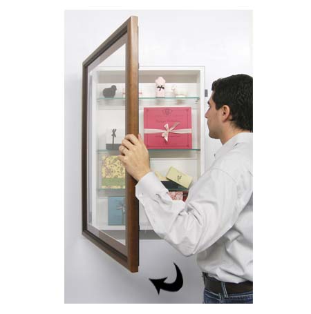 SwingFrame Designer Wood Frame Wall Mount Display Case with Wooden Shelves 12" Deep